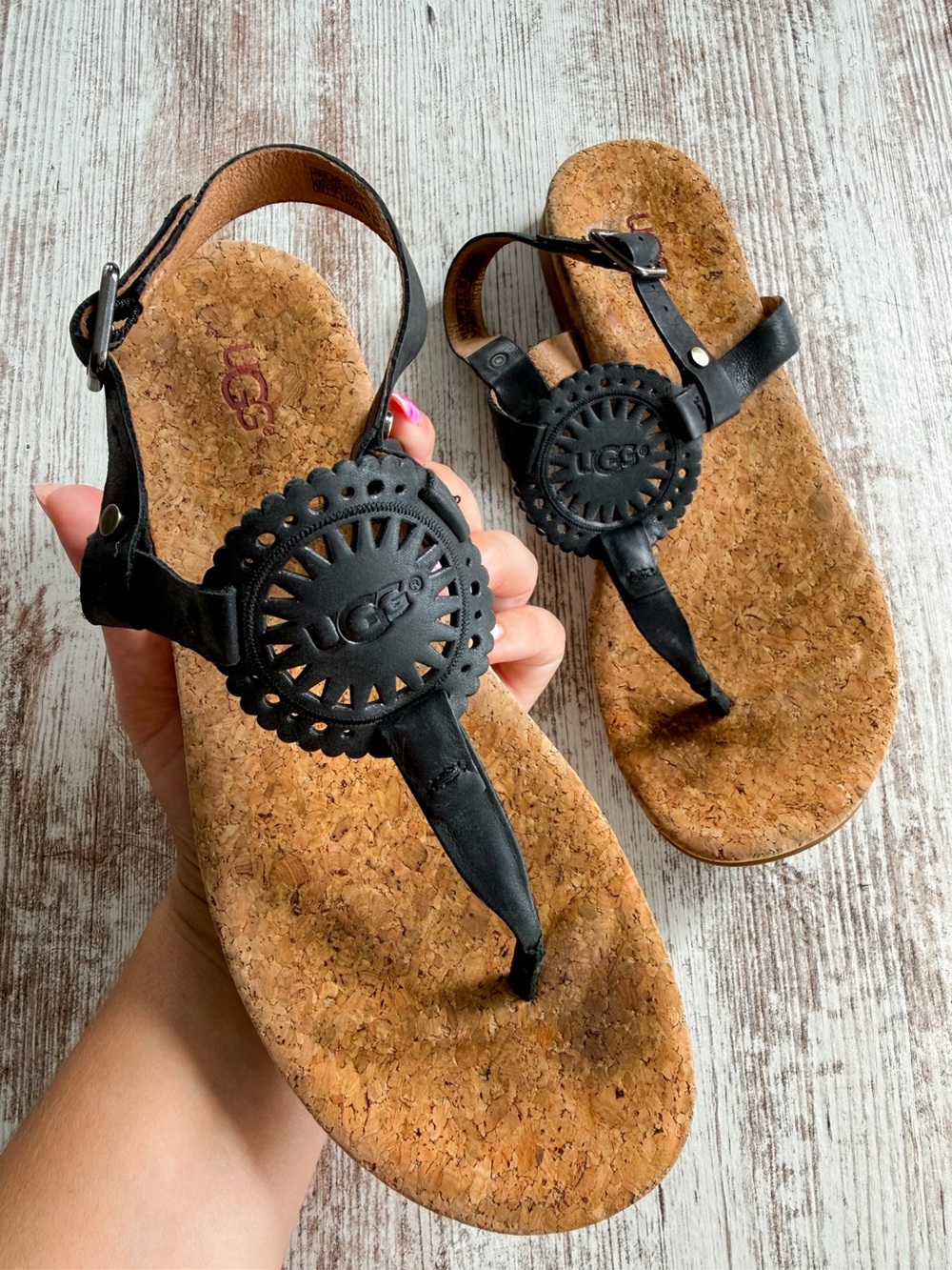UGG Ayden II T Strap Sundial Leather and Cork Sandals Black 8.5